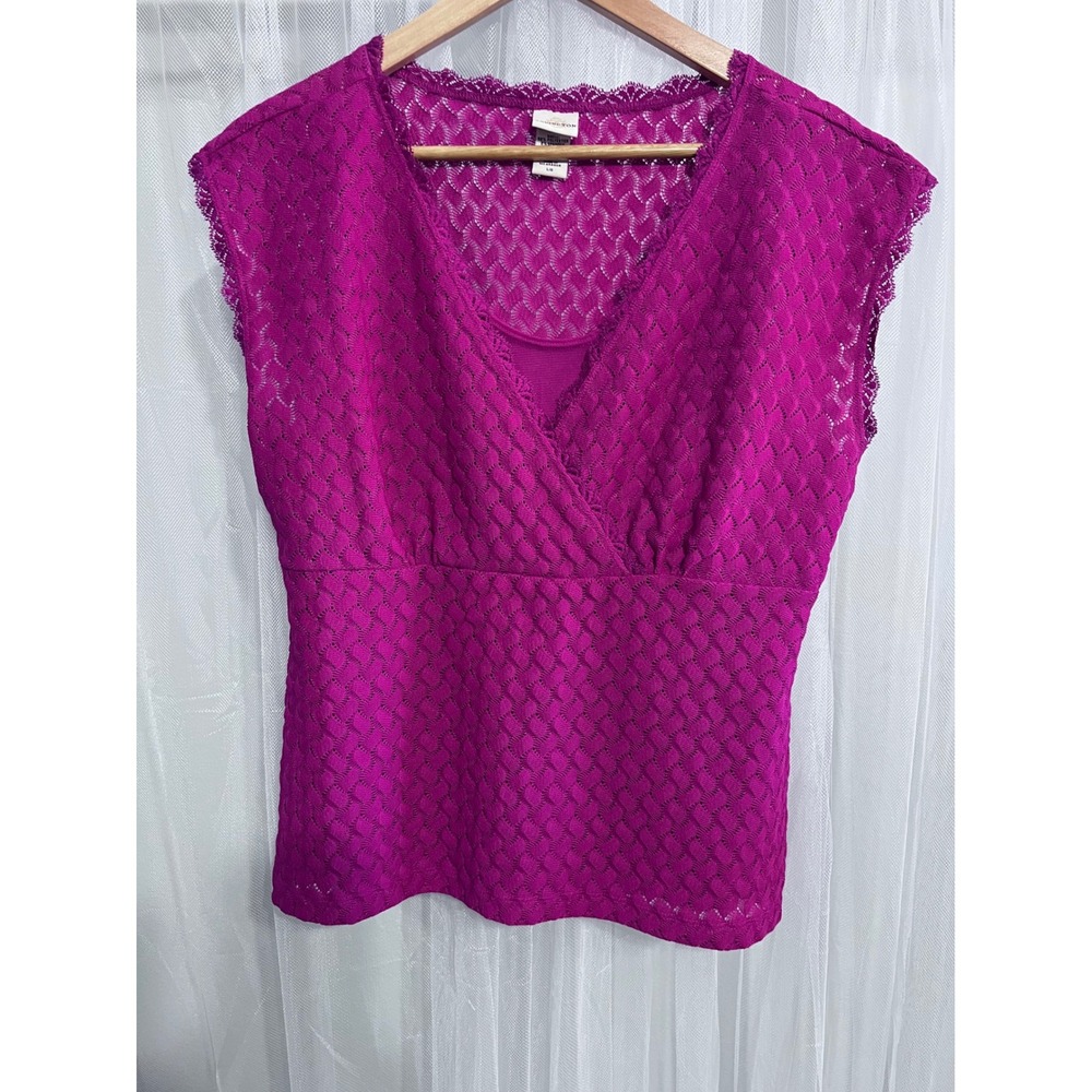 Covington Womens Magenta Pink Pointelle Lace Trim Surplice V-Neck‎ Top Large L
